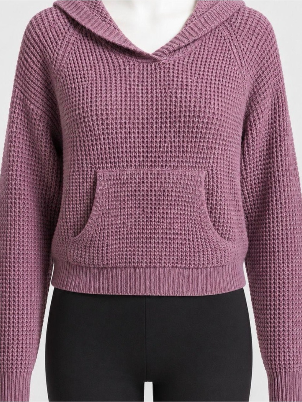 Cozy Waffle-Knit Cropped Hooded Pullover Sweater - Mauve